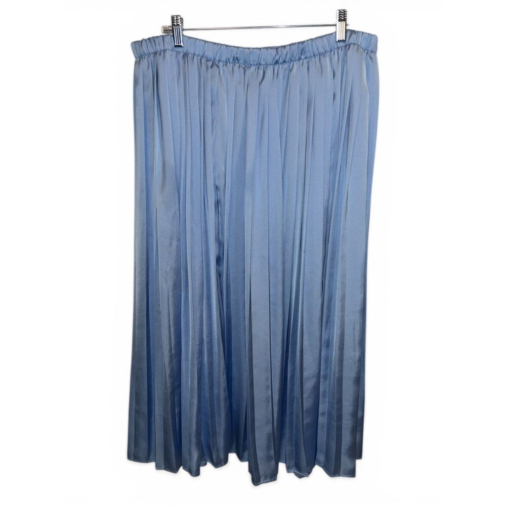 A New Day Dusty Blue Pleated Satin Midi Skirt Large Elastic Waist Flowy Skirt